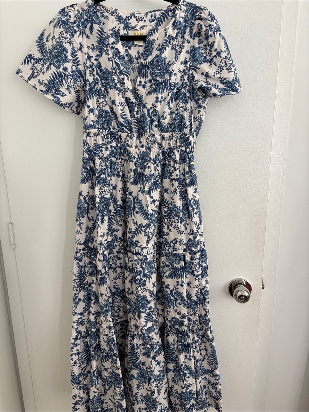 Anthropologie Somerset Tiered Maxi Floral Print Dress in Blue and White - Size S